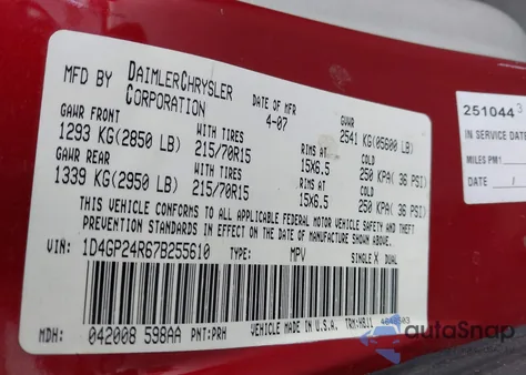 2007 Dodge Grand Caravan Se из США, поврежденный, VIN 1D4GP24R67B255610